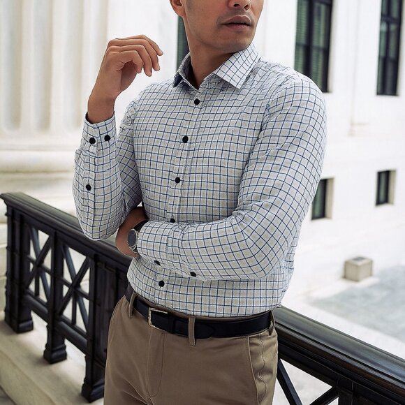 OLYMP Luxor Modern Fit Check Long Sleeve Shirt Flip Cuffs Mens Size 17"/43 - Picture 1 of 8